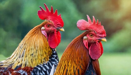 two roosters close up portrait poultry color illustration a colorful domestic bird