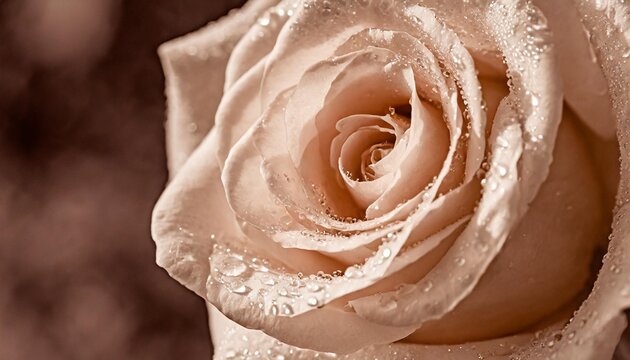 a close up of a white rose with water droplets peach fuzz color of the year 2024 monochromatic image