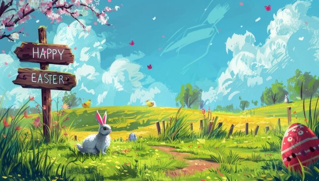 HAPPY EASTER sign in a whimsical painted field Generative AI