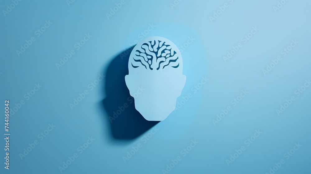 Poster brain placed inside of empty human head shape with shadow isolated on blue background