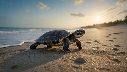 Baby turtle hatchlings making their way into the ocean