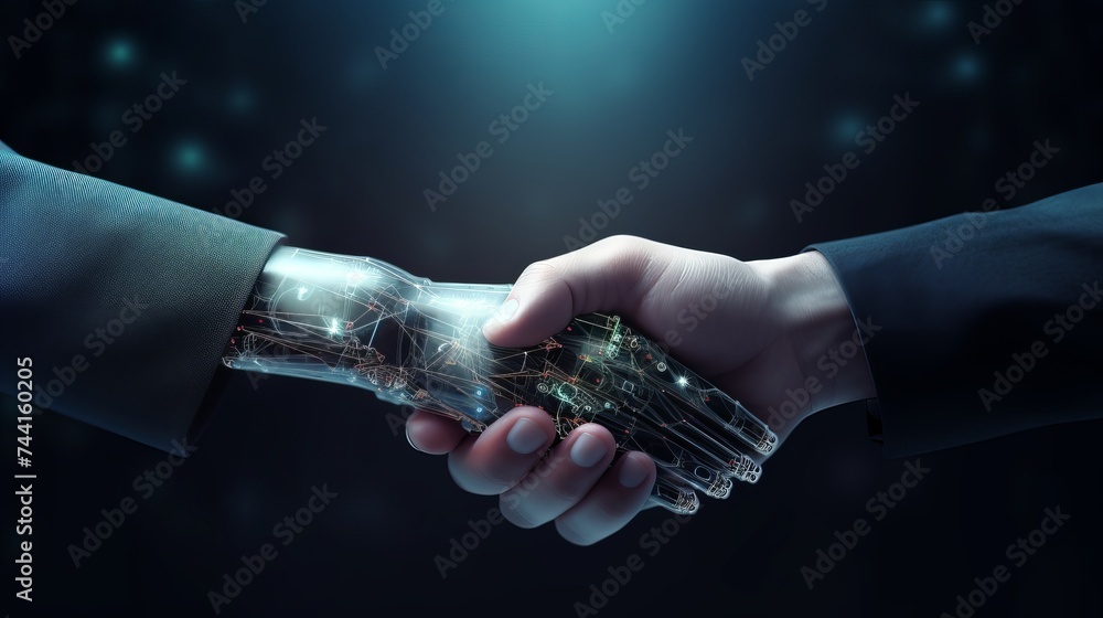 Poster business human and robot hands in handshake. artificial intelligence technology design concept. frie