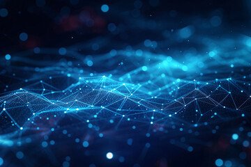 Banner with blue abstract background with a network grid and particles connected.Sci-fi digital technology with line connect network and data graphic background. 