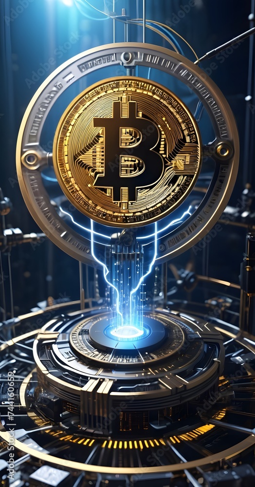 Poster bitcoin stands in a high-tech environment, its golden hue highlighted by blue light, evoking the int