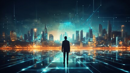 Fototapeta na wymiar Business technology concept, Professional business man walking on future network city background and futuristic interface graphic at night, Cyberpunk color style