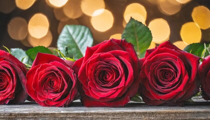 red roses in a row with a velvety texture against a blurred bokeh background exude a romantic and elegant mood