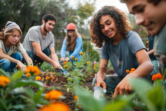 A diverse group of individuals, adorned in casual outdoor clothing, tend to a vibrant array of plants and flowers with determination and joy on their human faces