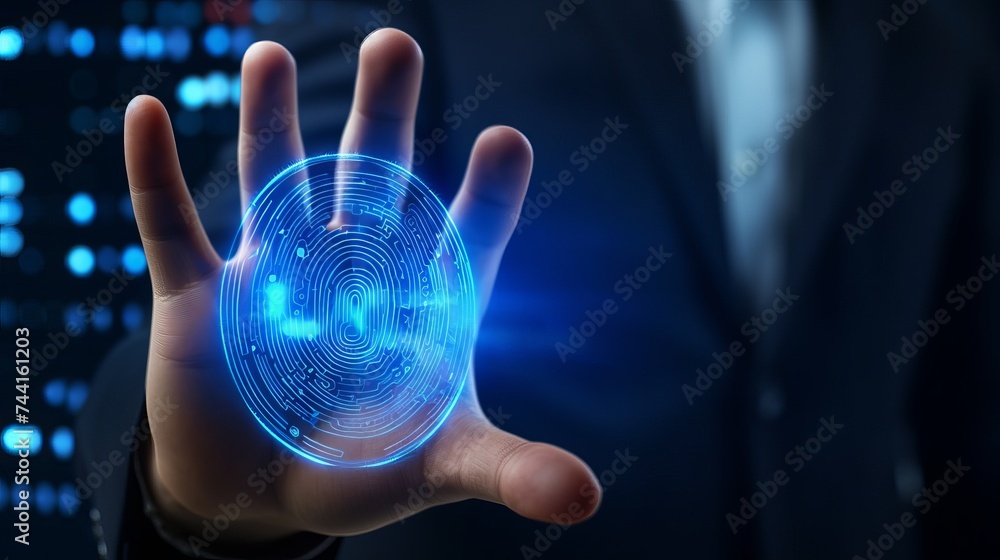 Poster businessman scan fingerprint biometric identity and approval. concept of the future of security and 