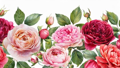 border for wallpaper watercolor pink and red flowers garden roses peonies collection leaves branches botanic illustration isolated on white background