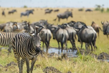 Fototapeta na wymiar Zebra standing out in the midst of wildebeest herd
