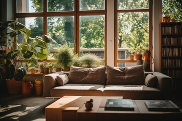 Cozy home interior with sofa and large windows overlooking trees