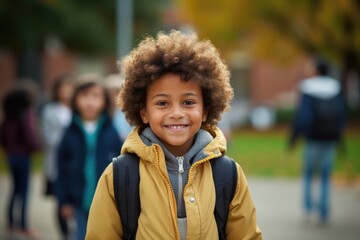 Happy Schoolboy with Backpack Smiling on First Day of School - obrazy, fototapety, plakaty