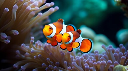 Naklejka na ściany i meble Clownfish shelters in its host anemone on a tropical coral reef