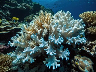 Naklejka na ściany i meble Coral bleaching linked to elevated sea temps: Loss of symbiotic zooxanthellae threatens Pacific reef. Impact of bleaching event on Pacific reef