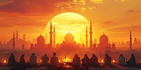 Fotobehang Iftar Scene with Golden Sunset - Warm Hue and Community Togetherness - Evening Glow - A captivating portrayal of the Iftar moment © SurfacePatterns