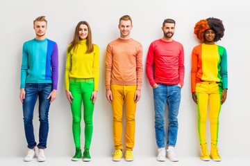Obraz premium LGBTQ Pride group. Rainbow abundance colorful happiness diversity Flag. Gradient motley colored assurance LGBT rights parade festival considerate behavior diverse gender illustration