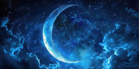 Serene Crescent Embrace in Ramadan's Night Sky - Tranquility and Radiance - Soft Moonlight - Capturing the beauty of the crescent moon illuminating the Ramadan night