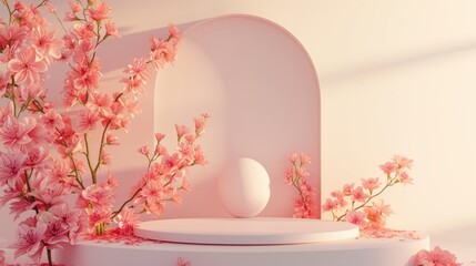 Beautiful podium with pink flowers ornaments with space for your product or inscriptions.