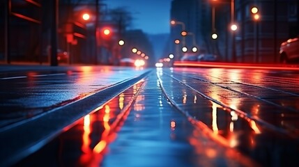Dark street, reflection of neon light on wet asphalt. Rays of light and red laser light in the dark. Night view of the street, the city. Abstract dark blue background