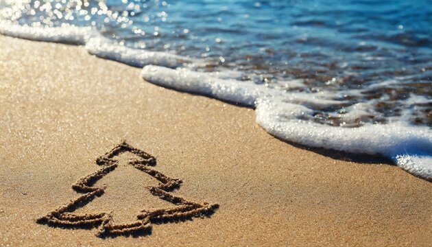 fir tree drawing on the sand near the sea christmas background