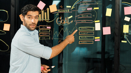Fototapeta na wymiar Skilled manager pointing at marketing plan while looking at camera. Smart businessman sharing, presenting marketing strategy. Leader pointing at mind map and sticky notes on glass wall. Tracery