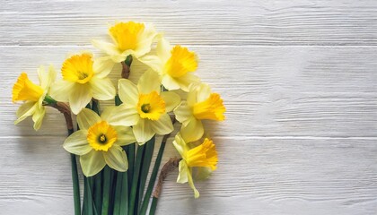 bouquet of yellow daffodils flowers isolated on white background flat lay top view