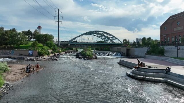 Flying Over South Platte River in Confluence Park, Downtown Denver 4K