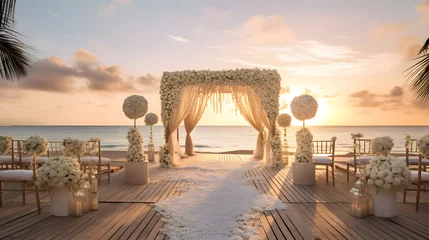 Gordijnen A dreamy beach wedding, adorned with elegant decorations and surrounded by the breathtaking landscape of the sky, clouds, and water, with a stunning sunset serving as the perfect backdrop for the rom © JohnTheArtist