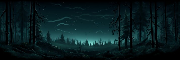 Dark Mysterious Forest Landscape Background image HQ Print 15232x5120 pixels. Neo Game Art V5 27 - obrazy, fototapety, plakaty