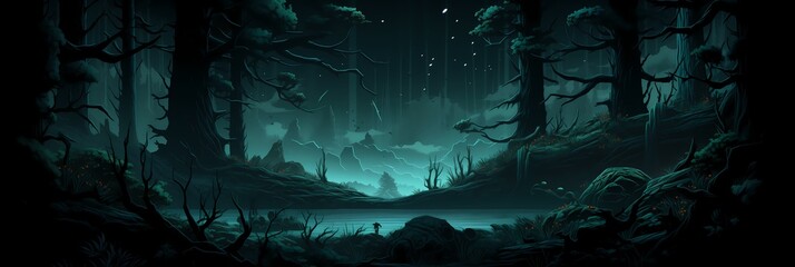Dark Mysterious Forest Landscape Background image HQ Print 15232x5120 pixels. Neo Game Art V5 25