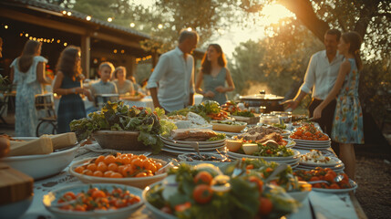 Family and friends having brunch outdoors with colorful vegetarian dishes and plates