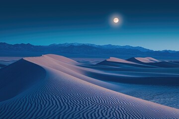 Fototapeta na wymiar A full moon shines brightly over a vast desert, casting a soft glow on the sandy terrain, Endless sand dunes bathed in moonlight, AI Generated