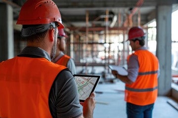 Group of Men in Orange Vests Standing Together, Engineering team on site using tablets and real-time construction software, AI Generated