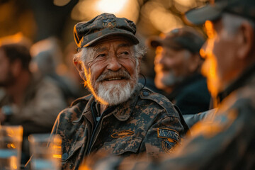 A group of veterans in uniform gathering for a barbecue, their laughter and stories filling the air with warmth and fellowship. - obrazy, fototapety, plakaty
