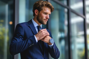 A well-dressed man wearing a blue suit stands confidently, showcasing his stylish attire and a sleek watch, Fashionable businessman checking his wristwatch while rushing to a meeting, AI Generated