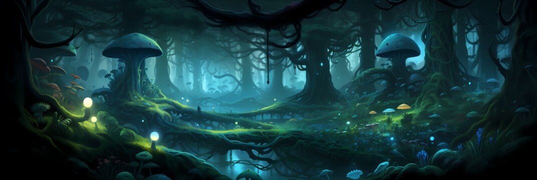 Dark Mysterious Forest Landscape Background image HQ Print 15232x5120 pixels. Neo Game Art V5 17
