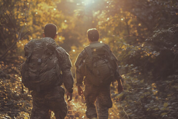 Fototapeta premium A military veteran in uniform and a friend hiking a trail, the shared journey reflecting support and the path to reintegration.