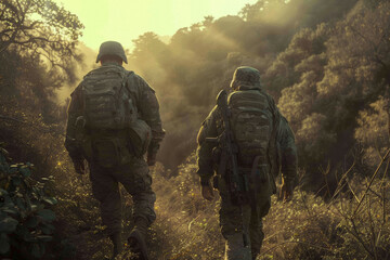 A military veteran in uniform and a friend hiking a trail, the shared journey reflecting support and the path to reintegration.