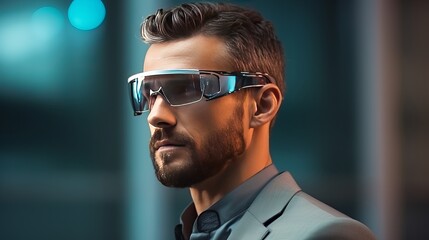 Obraz premium Future, technology and people concept - man in futuristic glasses