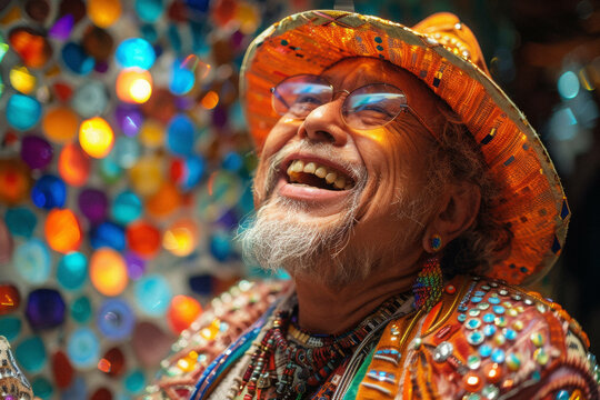 A man proudly displaying his artwork at a local exhibition, showcasing talent and self-expression.