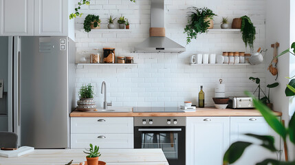 Greenery-Filled Kitchen With Refrigerator