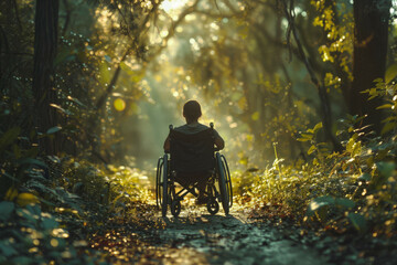 A person in a wheelchair on a nature trail, capturing the sense of adventure.