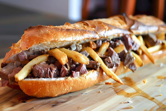 Mitraillette - Belgium - A baguette sandwich filled with fries, meat (often sausage or burger patties), and various sauces, popular in Belgian fast food culture