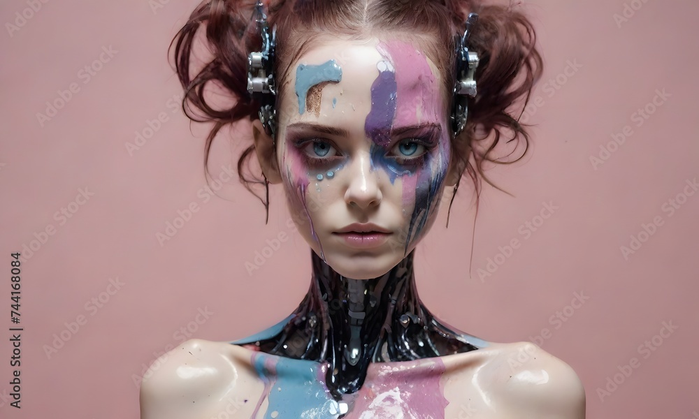 Poster a cybernetic entity with human-like features is adorned with dripping paint, merging the lines betwe