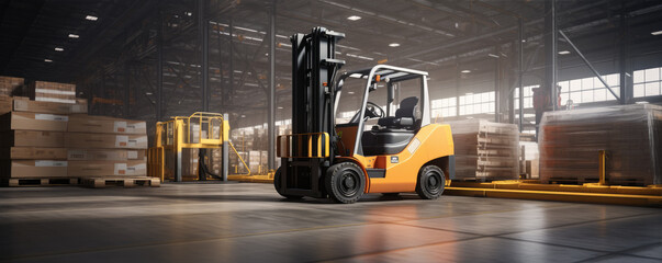 Modern future fork lift in warehouse. Heavy truck loadre in factory house. copy space for text.