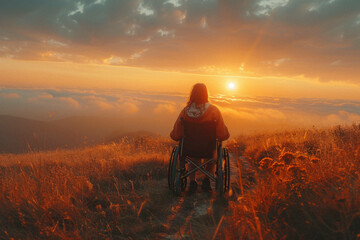 A person of varied abilities, in a wheelchair, reaching the top of a hill at sunrise, symbolizing achievement and self-respect. - obrazy, fototapety, plakaty