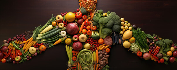 Naklejka premium Fruits and vegetable in shape of human body. Health and diet concept