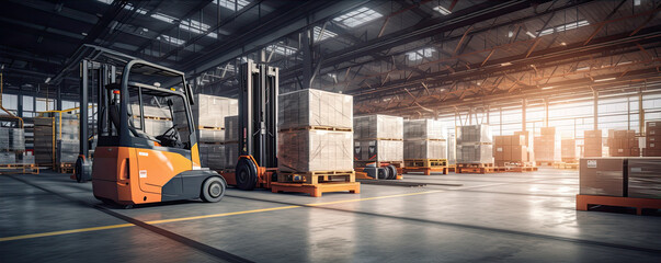 Modern future fork lift in warehouse. Heavy truck loadre in factory house. copy space for text. - Powered by Adobe