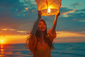 A person releasing a lantern into the sky during a cultural festival, symbolizing release and wishes for the future.