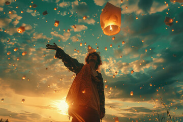 A person releasing a lantern into the sky during a cultural festival, symbolizing release and wishes for the future.